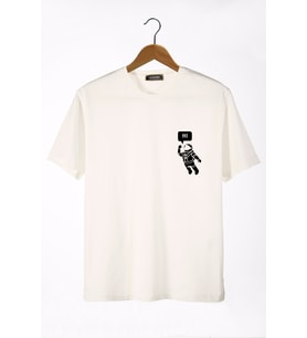 Erkek Ekru Astronot Baskılı Bisiklet Yaka Oversize Rahat Kalıp Basic T-Shirt 22Y-3400761-3
