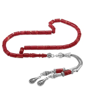 Ateş Kehribar Tesbih - Kararmaz Metal Damla Püsküllü - Kırmızı Beyaz - Mini Boy - Kesme Kesim (STD)