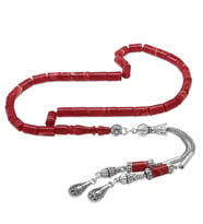 Ateş Kehribar Tesbih - Kararmaz Metal Damla Püsküllü - Kırmızı Beyaz - Mini Boy - Kesme Kesim (STD)