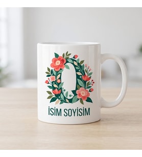 Kişiye Özel Baş Harf ve İsim Yazılı Çiçek Motiflili O Harfli Seramik Kupa Bardak