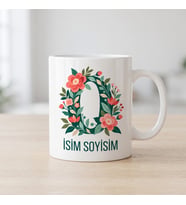 Kişiye Özel Baş Harf ve İsim Yazılı Çiçek Motiflili O Harfli Seramik Kupa Bardak