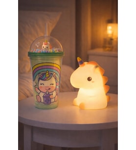 2'Li Set Işıklı Renkli Unicorn Figürlü Gece Lambası & Pipetli Boncuk Detylı Suluk Bardak Yeşil 450ML