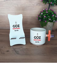 Göz Doktoru Hediye Sepeti Kupa Bardak T Kulplu ve Ahşap Telefon Standı Tıp Bayramı Hediyesi (Model 7)