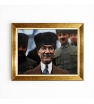 Tablore Altın Çerçeveli Kalpaklı Atatürk Tablosu - Renklendirilmiş Nostaljik Atatürk Duvar Dekoru