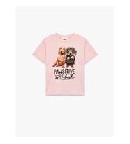 Koton Köpek Baskılı Fiyonk Detaylı Pembe Kız Çocuk T-Shirt 6SKG10057AK