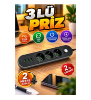 2 Metre Kablolu 3 USB Portlu Anahtarlı Üçlü Priz Çoklu Şarj ve Elektrik Soketi