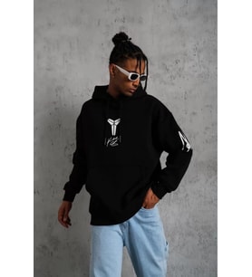 Erkek 3 İplik Pamuklu Kapüşonlu Kanguru Cepli Baskılı Oversize Hoodie Sweatshirt - Siyah