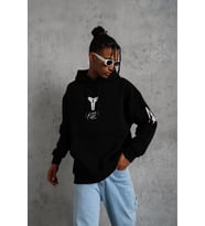 Erkek 3 İplik Pamuklu Kapüşonlu Kanguru Cepli Baskılı Oversize Hoodie Sweatshirt - Siyah