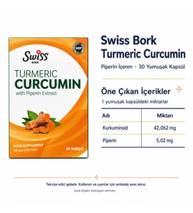 Swiss Bork Turmeric Curcumin ve Piperin 30 Yumuşak Kapsül