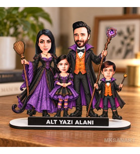 Fotoğraftan Kişiye Özel 4 Kişilik Cadılar Bayramı Karikatür MDF Karikatürlü 18 cm MDF Masaüstü Biblo - Aile Hediyesi Anne Baba ve Aileye Hediye