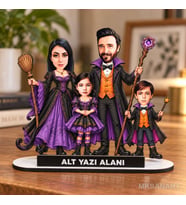 Fotoğraftan Kişiye Özel 4 Kişilik Cadılar Bayramı Karikatür MDF Karikatürlü 18 cm MDF Masaüstü Biblo - Aile Hediyesi Anne Baba ve Aileye Hediye