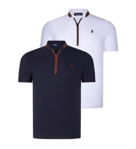 İKİLİ SET T8571 DEWBERRY FERMUARLI ERKEK T-SHIRT-LACİVERT-BEYAZ