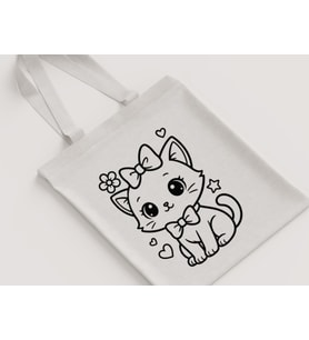 Fiyonklu Kedi Yıldız Çiçekli Desenli Kız Çocuk Omuz Çantası Hediyelik Boyanabilir Ham Bez Çanta