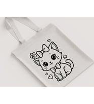 Fiyonklu Kedi Yıldız Çiçekli Desenli Kız Çocuk Omuz Çantası Hediyelik Boyanabilir Ham Bez Çanta