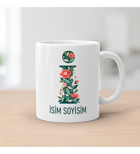 Kişiye Özel Baş Harf ve İsim Yazılı Çiçek Motifli İ Harfli Seramik Kupa Bardak