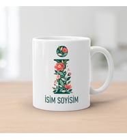 Kişiye Özel Baş Harf ve İsim Yazılı Çiçek Motifli İ Harfli Seramik Kupa Bardak
