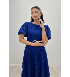 Dantel Kumaş Kolları Balon Kol Maxi Elbise - SAKS MAVİ (Saks Mavisi)