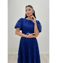 Dantel Kumaş Kolları Balon Kol Maxi Elbise - SAKS MAVİ (Saks Mavisi)