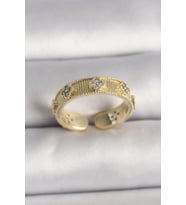 Pirinç Gold Renk Zirkon Taşlı Yonca İşlemeli Ayarlanabilir Yüzük