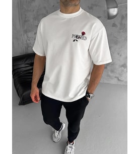 Erkek Kısa Kol Yazlık Tişört Bisiklet Yaka Baskılı Oversize T-Shirt - Beyaz