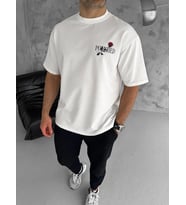 Erkek Kısa Kol Yazlık Tişört Bisiklet Yaka Baskılı Oversize T-Shirt - Beyaz