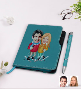 BK Gift Kişiye Özel Sevgililer Karikatürlü Turkuaz Termo Deri Defter Kalem Seti-107