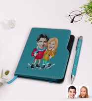 BK Gift Kişiye Özel Sevgililer Karikatürlü Turkuaz Termo Deri Defter Kalem Seti-107