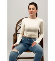 Kadın Bisiklet Yaka Parmak Detaylı Spor Body Basic Soft Touch Spor Crop (Ekru)