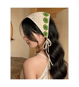 Örgü Üçgen Bandana Yeşil Krem Saç Bandı Kadın Genç Kız Çocuk Yazlık Bohem Vintage Kore Tarzı Çiçek