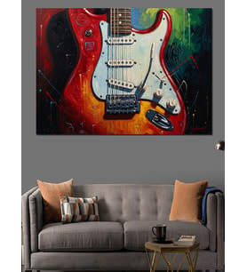 Elektro Gitar Ve Renkli Arka Dekoratif Kanvas - Mdf Ahşap Tablo
