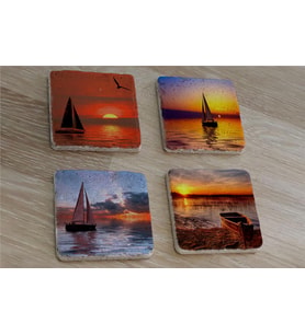 Gün Batımında Yelkenliler Doğal Taş Bardak Altlığı 4'lü set - Natural Stone Coasters
