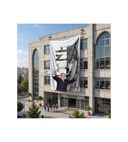 Bozkurt İşareti yapan Alparslan Türkeş 140gr Premium Raşel Kumaş Bayrak 6x9 Metre