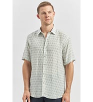 Koyu Mavi Kısa Kollu Baskılı Düğmeli Yaka Keten Casual Slim Fit Dar Kesim Gömlek 1004240241