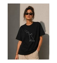 Minimal Kedi Çizim Baskılı Tişört Kısa Kol Yazlık T-Shirt - Siyah