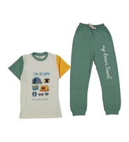 Erkek Çocuk Ekru Yeşil Yakalı Kamp Baskılı Pijama Takımı
