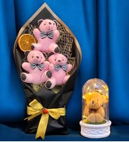 Pembe Peluş Ayıcıklı Büyük Boy Ayıcık Buketi ve Led Işıklı Tasarım Fanus (Model 4)