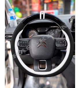 Citroen C3 Aircross Dikme Direksiyon Kılıfı Parlak Siyah Beyaz Detaylı Beyaz Çift Yüzük ve Dikiş 2017-2024