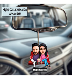 Kişiye Özel 2 Kişilik Sinemaya Giden Sevgili Karikatürlü 10 cm MDF Araç Dikiz Aynası Süsü - Sevgiliye ve Eşe Hediye Çiftlere Özel Hediye