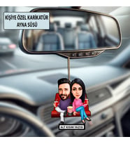 Kişiye Özel 2 Kişilik Sinemaya Giden Sevgili Karikatürlü 10 cm MDF Araç Dikiz Aynası Süsü - Sevgiliye ve Eşe Hediye Çiftlere Özel Hediye