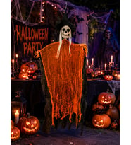 Halloween Şapkalı Saçlı İskelet Korkuluk 100 CM Turuncu Dekor Parti Süsü