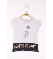 Toontoy Kız Çocuk Pul İşlemeli Baskılı T-Shirt ( Gri-Melanj)