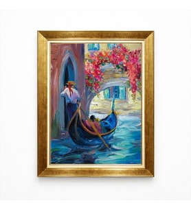 Tablore Altın Çerçeveli Yağlı Boya Dokulu Venedik Gondol Manzaralı Duvar Tablosu Salon Ofis Panosu