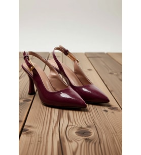 Kadın Sivri Burun Arkası Slingback Ayakkabı İnce Topuklu Rugan Parlak Finish Günlük Rahat Modern
