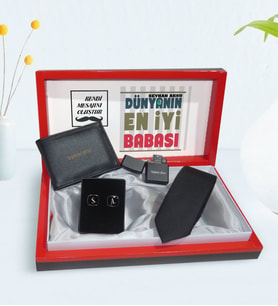 BK Gift Kişiye Özel Dünyanın En İyi Babası Tasarımlı Mesajlı Kutuda Cüzdan Çakmak Kravat ve Kol Düğmesi Hediye Seti-1