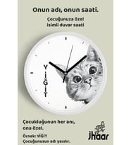 İsme Özel Sevimli Kedi Çocuk Odası Duvar Saati Orta Boy 30 cm Beyaz Camlı Sessiz