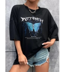 Unisex Baskılı Oversize T-Shirt - Siyah
