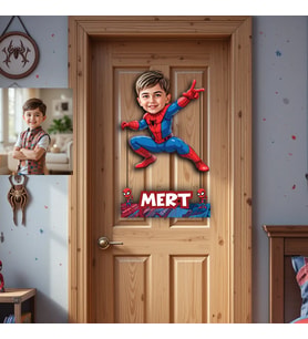 Kişiye Özel Karikatür Tasarımlı Çocuk Odası Örümcek Adam Kapı Süsü