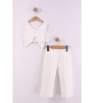 Miniğimin Cicileri Fiyonklu Crop Brode Pantolonlu Kız Çocuk Takım - Ekru