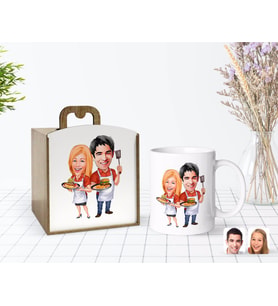 BK Gift Kişiye Özel Ahşap Kutuda Sevgililer Karikatürlü Beyaz Kupa Bardak-57