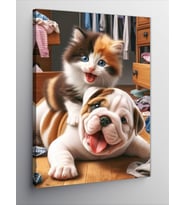 Kanvas Tablo Köpek Yavrusu Ve Kedi